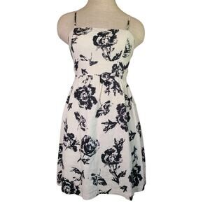 Mind Code 100% Linen Mini Ivory Black Floral Dress Size S Rouched Back